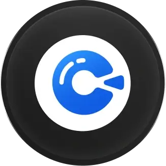 Logo de Pancake: una C azul dentro de un círculo blanco sobre fondo negro